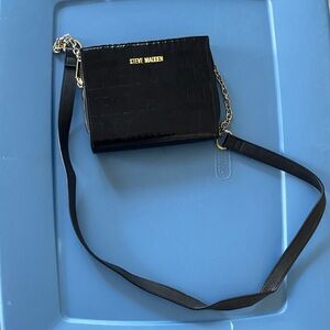 Steve Madden Glossy Black Crossbody with Gold Accents